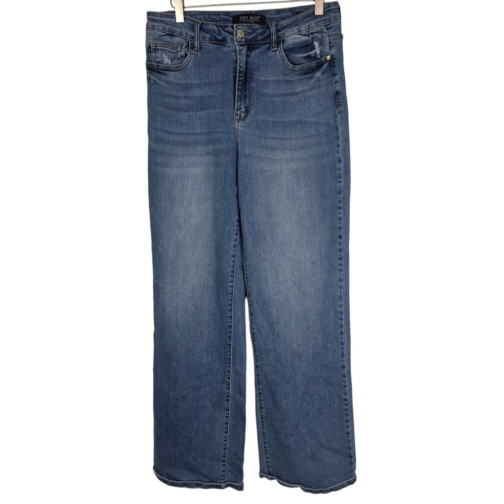 JUDY BLUE Jeans Womens 11/30 Blue Wide Leg High Rise Distressed Stretch Denim